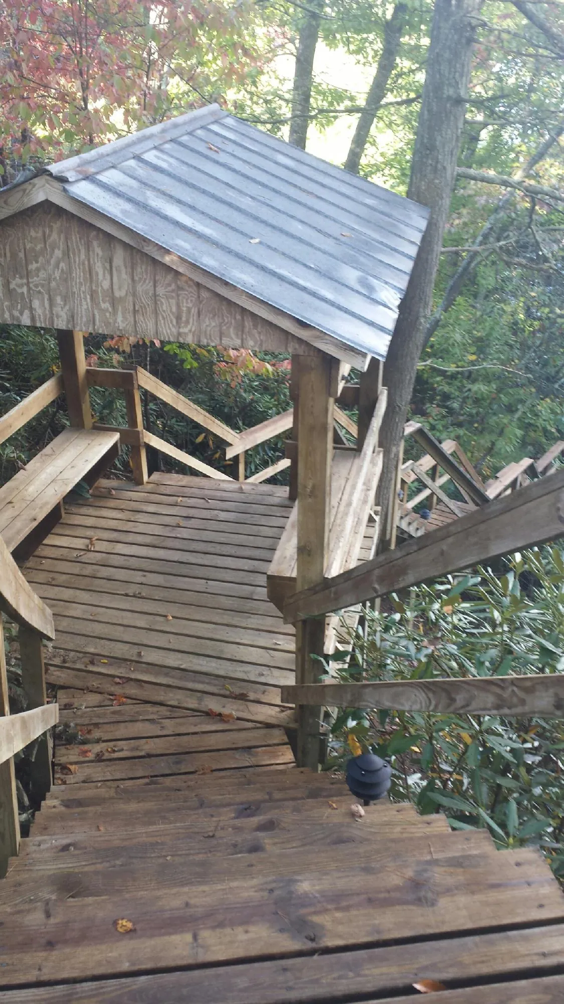 Metal roofed shelter over wooden steps on a wooded walkway — Skylight Repair & Installation work by our crew in Mendon